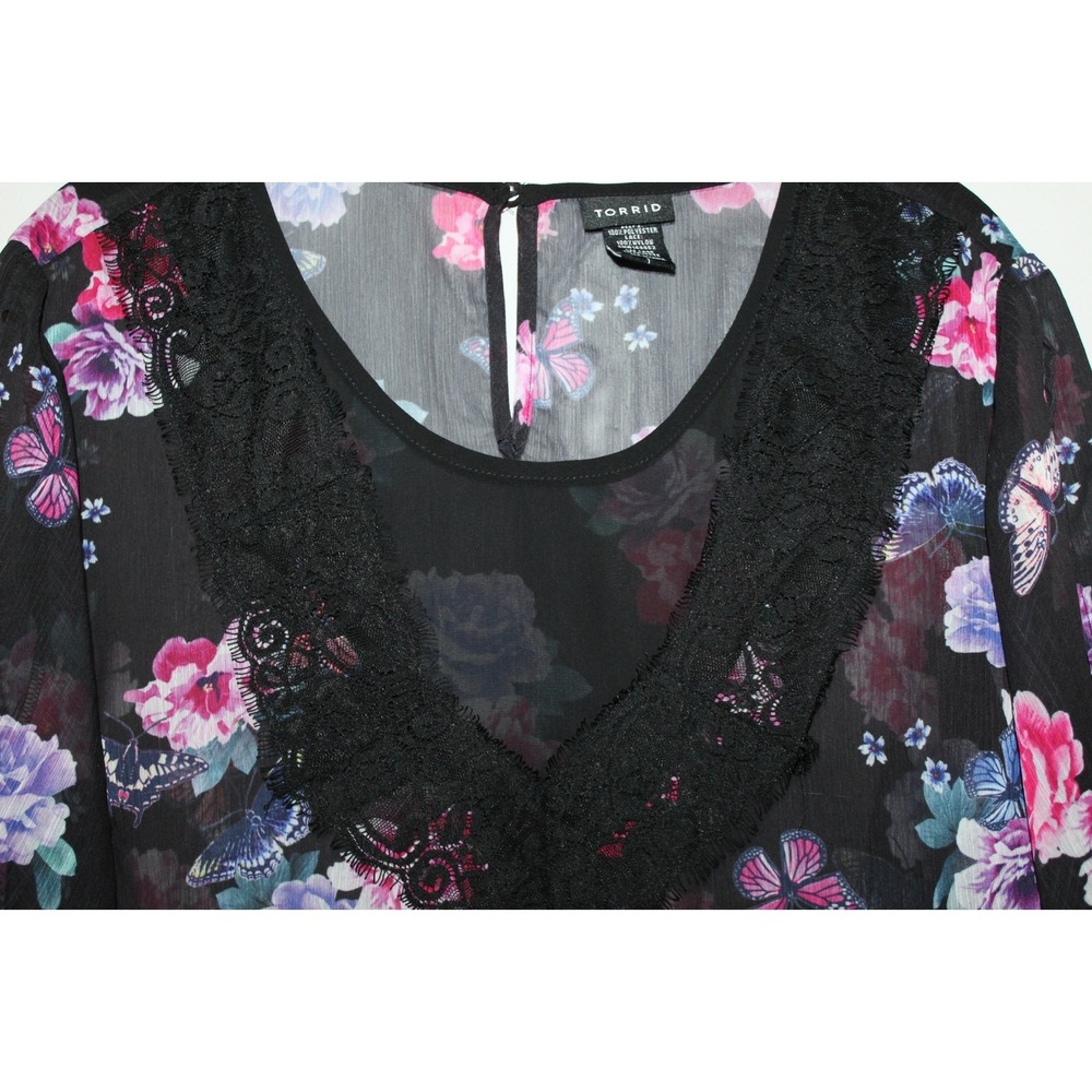Torrid Multi Color Floral Print Crinkled Chiffon Lace Trim Top Size 1 1X HW9432 - Picture 4 of 8